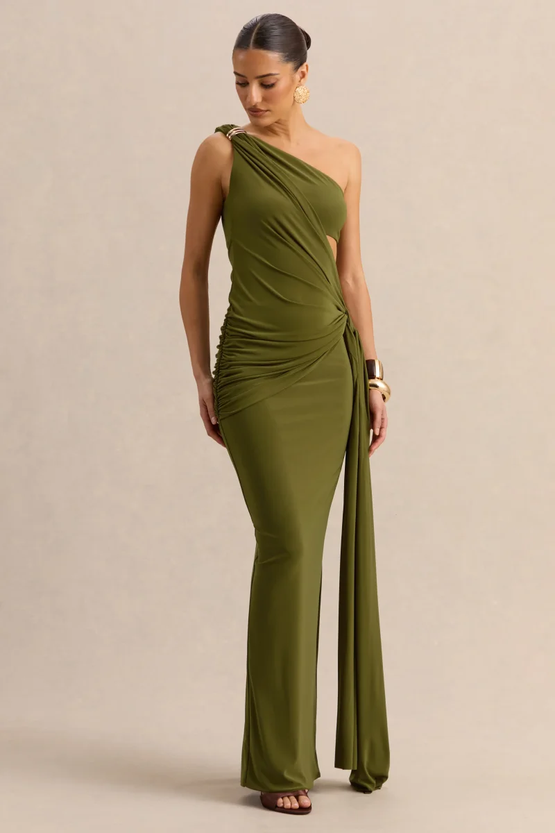 Clarosia | Verde Escote Asimétrico Vestido Largo con Abertura y Fajín - Imagen 5