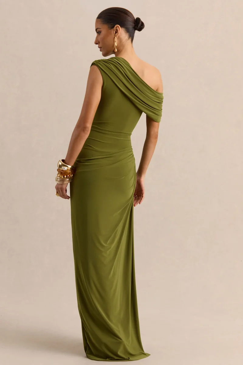 Avialee | Vestido Largo Verde de Escote Asimétrico con Detalle Drapeado y Fajín - Imagen 3