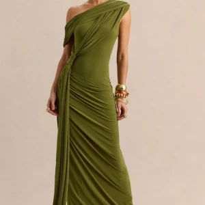 Avialee | Vestido Largo Verde de Escote Asimétrico con Detalle Drapeado y Fajín