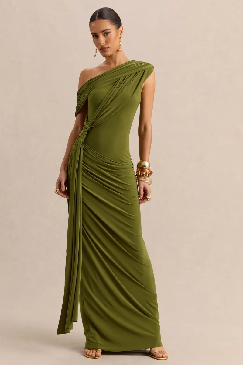 Avialee | Vestido Largo Verde de Escote Asimétrico con Detalle Drapeado y Fajín - Imagen 2