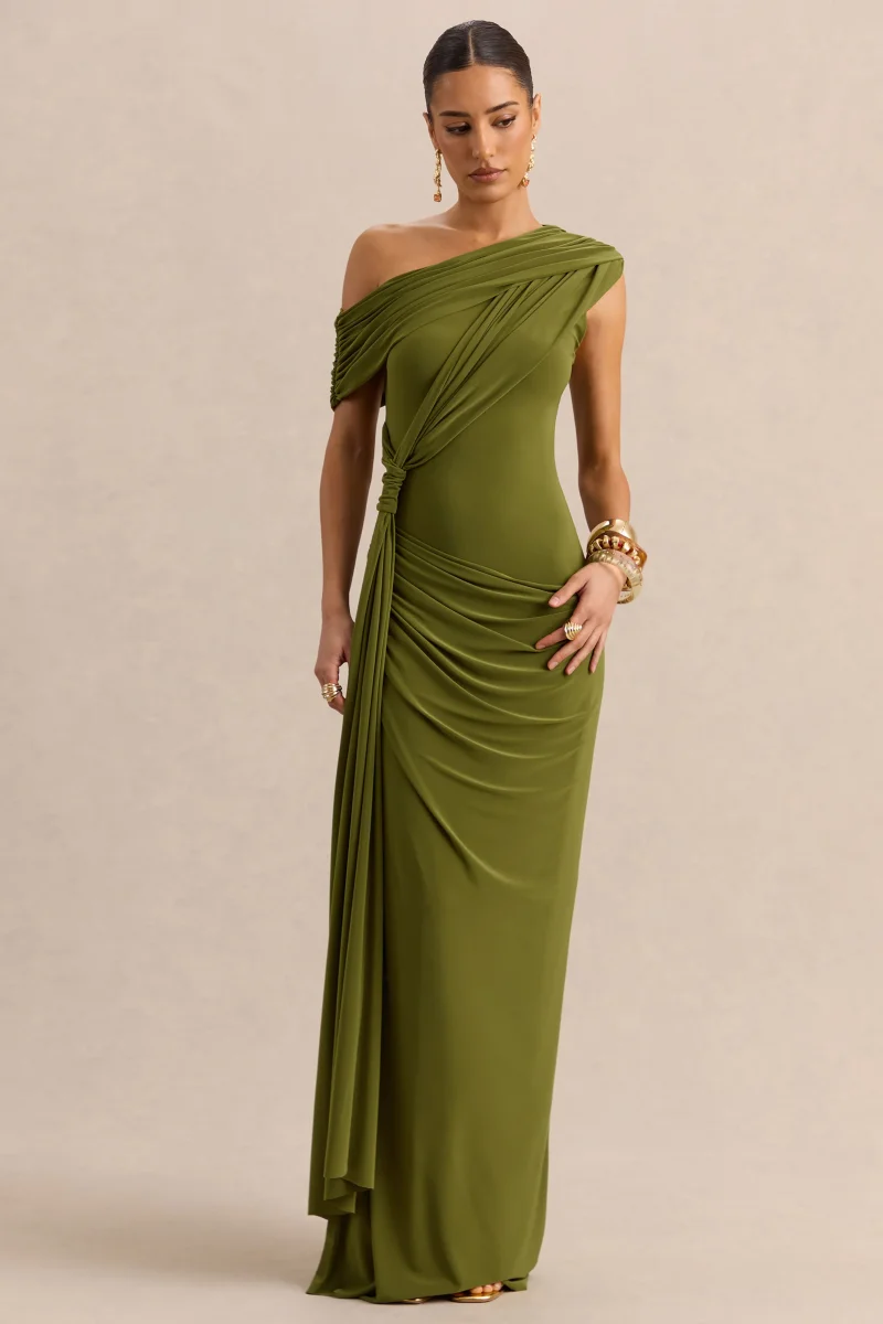 Avialee | Vestido Largo Verde de Escote Asimétrico con Detalle Drapeado y Fajín - Imagen 5