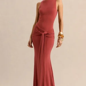 Cherine | Vestido Largo Teja de Cuello Redondo con Detalle Drapeado y Fajín