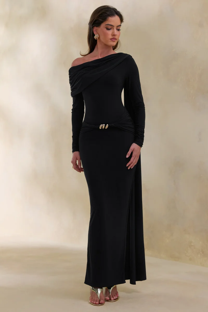 Bessy | Vestido Largo Negro Con Escote Asimétrico, Detalles Fruncidos Y Banda - Imagen 6