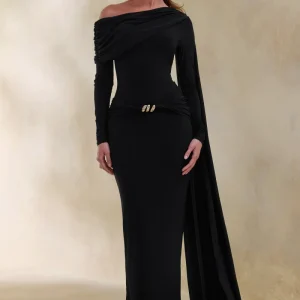Bessy | Vestido Largo Negro Con Escote Asimétrico, Detalles Fruncidos Y Banda