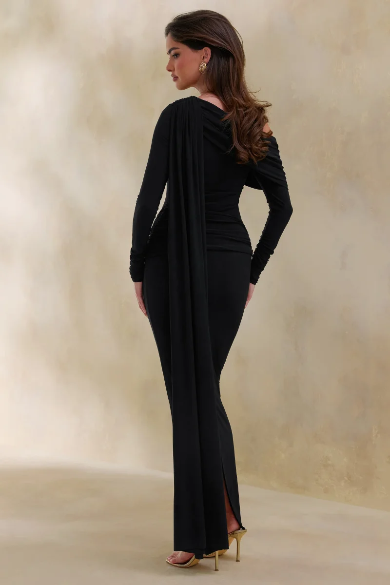 Bessy | Vestido Largo Negro Con Escote Asimétrico, Detalles Fruncidos Y Banda - Imagen 3