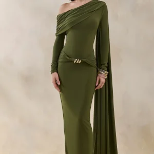 Bessy | Vestido Largo Verde Con Escote Asimétrico, Detalles Fruncidos Y Banda