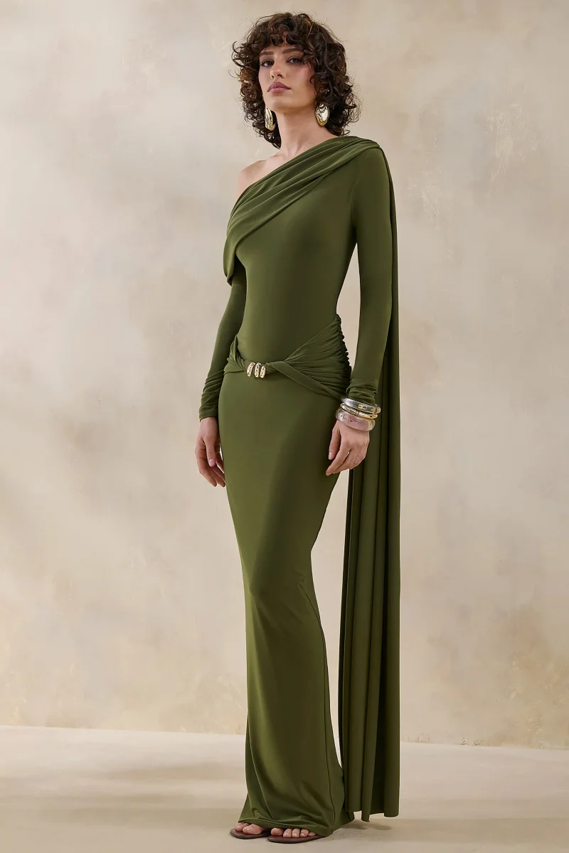 Bessy | Vestido Largo Verde Con Escote Asimétrico, Detalles Fruncidos Y Banda - Imagen 6