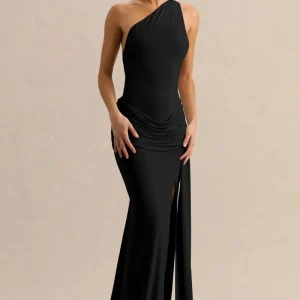 Belrose | Vestido Largo Negro de Escote Asimétrico con Detalle Dorado y Abertura Frontal Alta