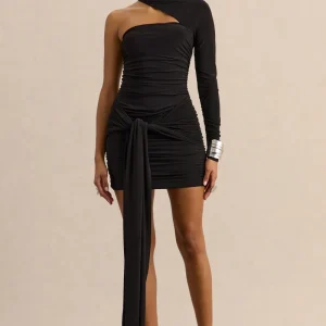 Irissia | Vestido Corto Negro de Escote Asimétrico con Detalle de Nudo y Fajín