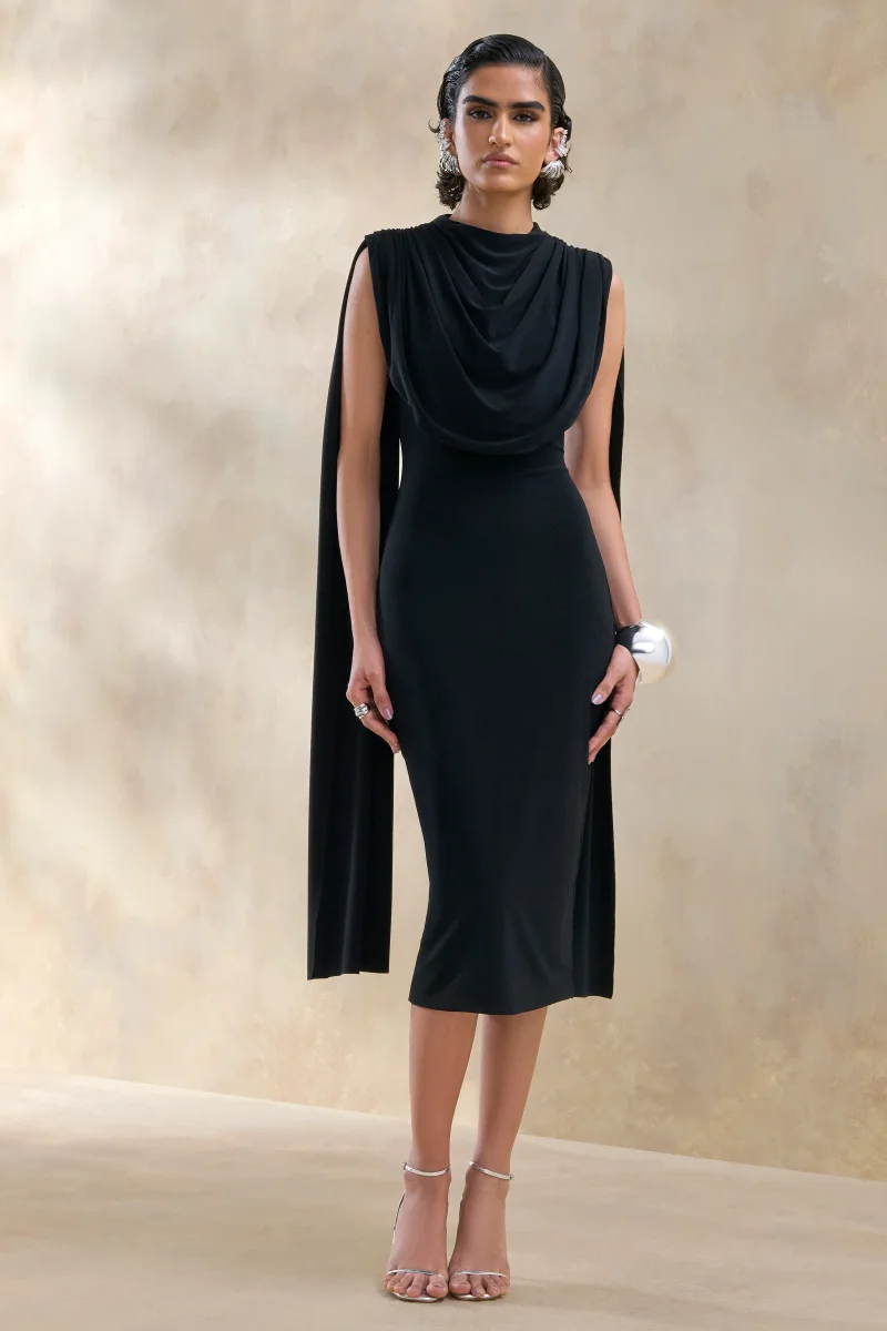 Lysandria | Negro Cuello Redondo Vestido Midi con Mangas Capa - Imagen 6