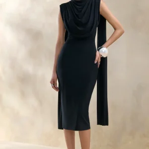Lysandria | Negro Cuello Redondo Vestido Midi con Mangas Capa