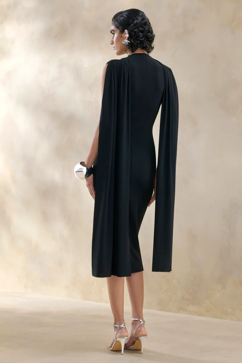 Lysandria | Negro Cuello Redondo Vestido Midi con Mangas Capa - Imagen 3