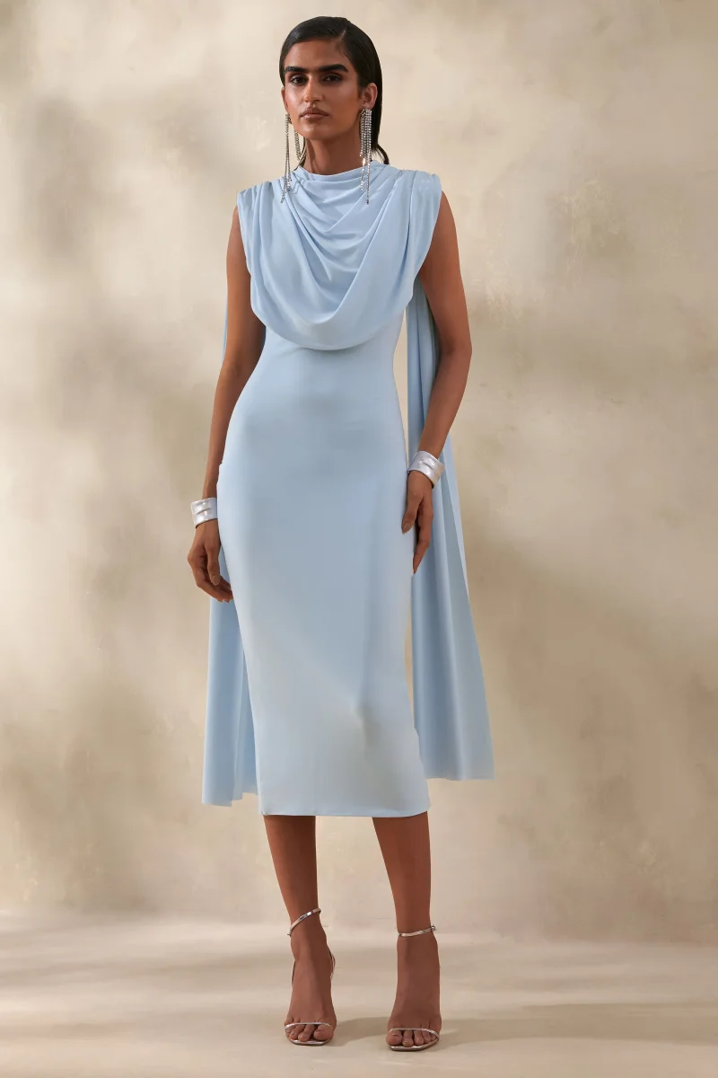 Lysandria | Azul Celeste Cuello Alto Vestido Midi con Detalle Drapeado - Imagen 2