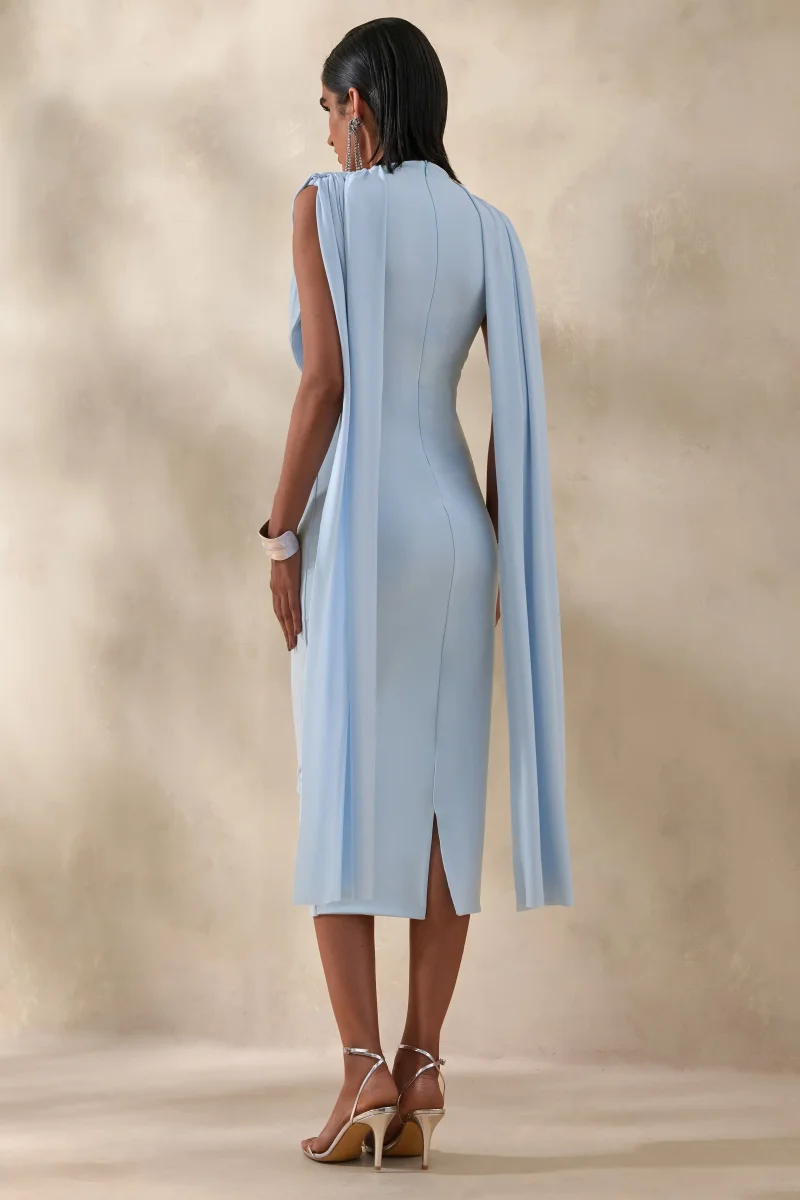 Lysandria | Azul Celeste Cuello Alto Vestido Midi con Detalle Drapeado - Imagen 3