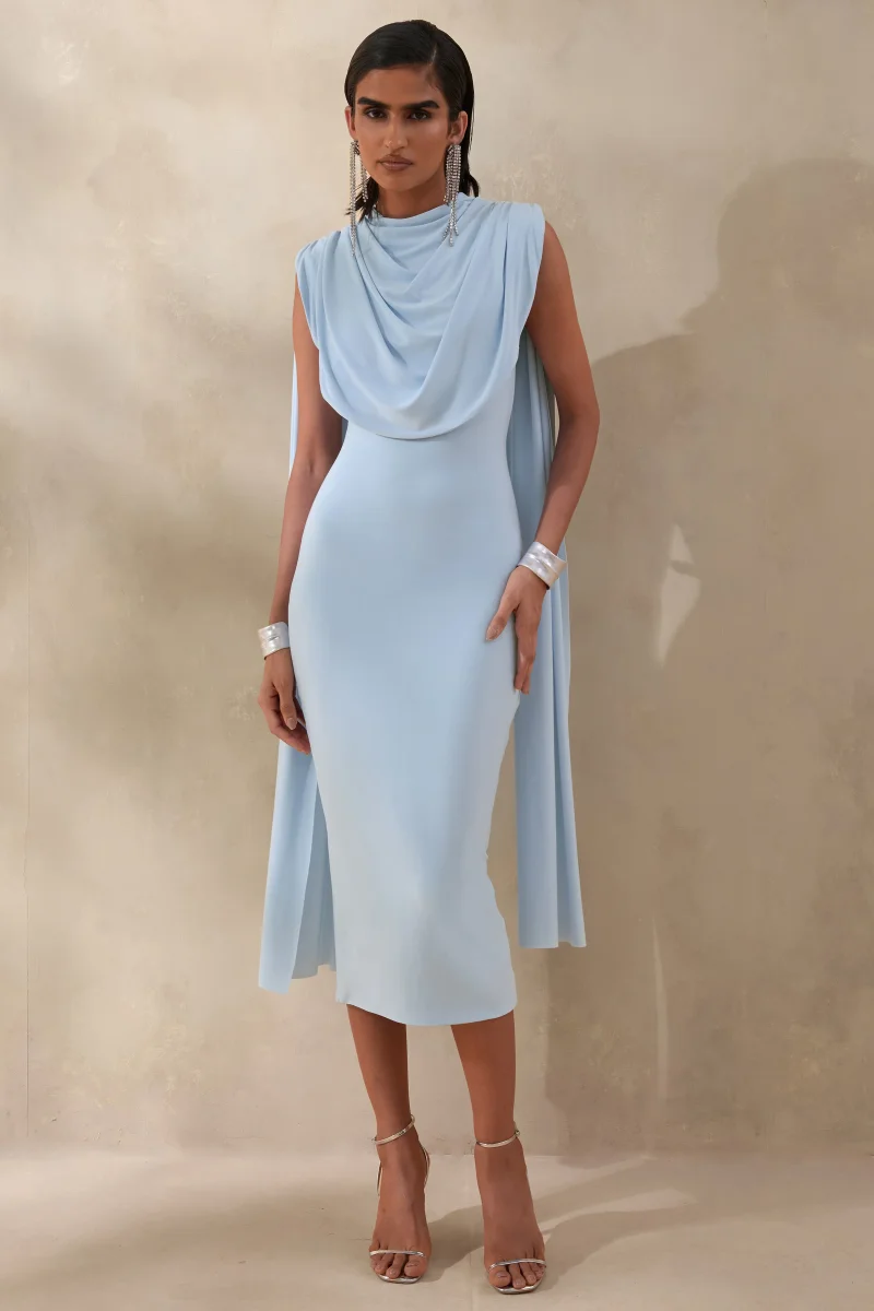 Lysandria | Azul Celeste Cuello Alto Vestido Midi con Detalle Drapeado - Imagen 5
