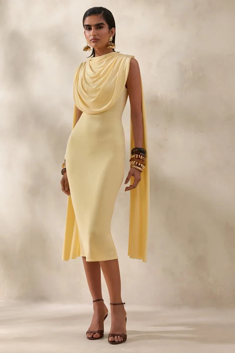 Lysandria | Limón Cuello Alto Vestido Midi con Detalle Drapeado - Imagen 2