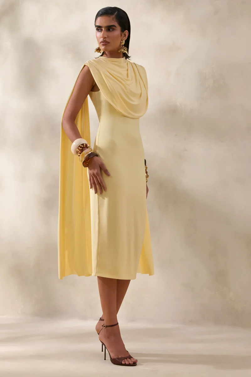 Lysandria | Limón Cuello Alto Vestido Midi con Detalle Drapeado - Imagen 5