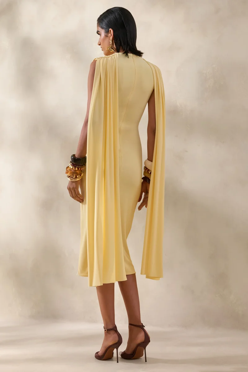 Lysandria | Limón Cuello Alto Vestido Midi con Detalle Drapeado - Imagen 3