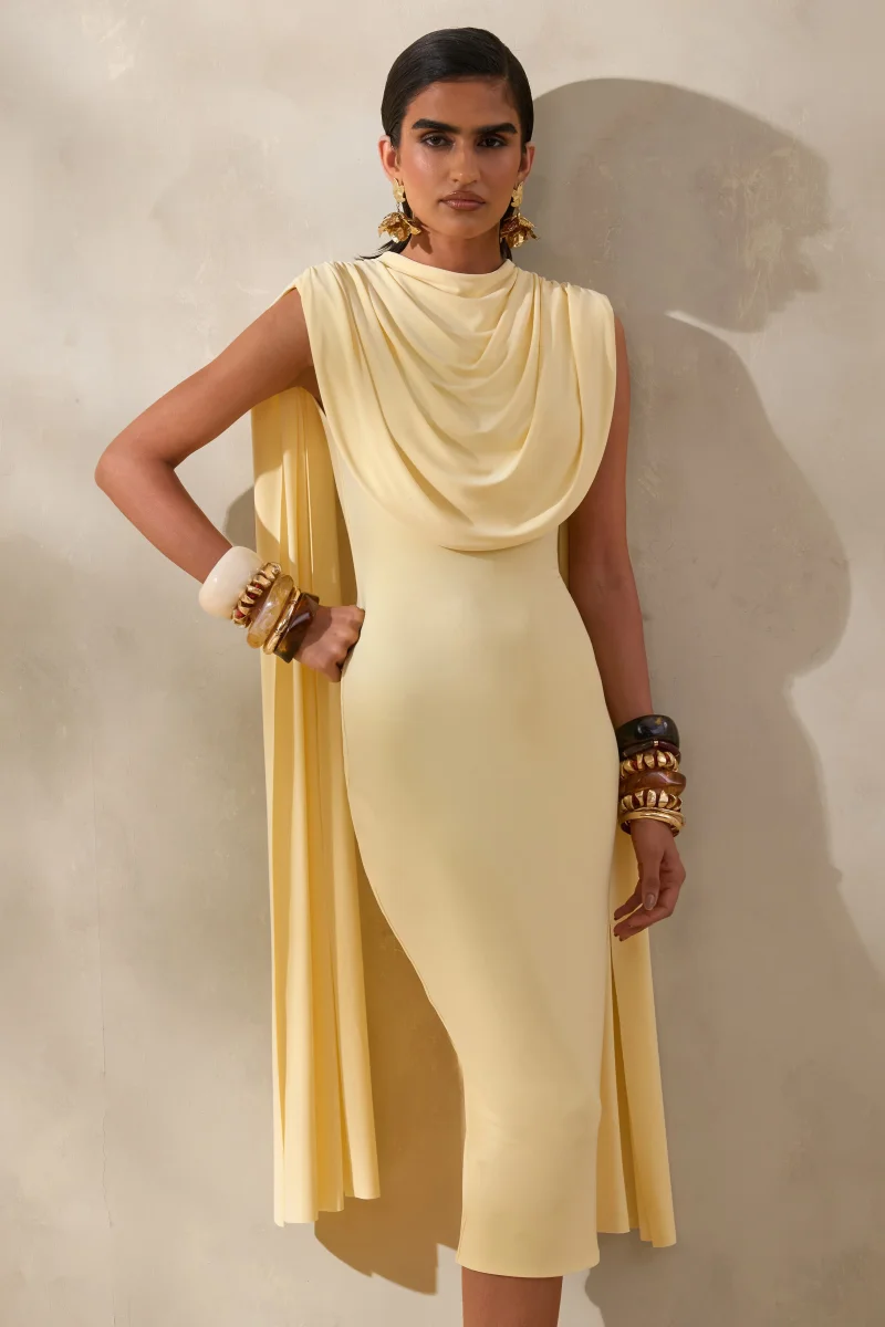 Lysandria | Limón Cuello Alto Vestido Midi con Detalle Drapeado - Imagen 4