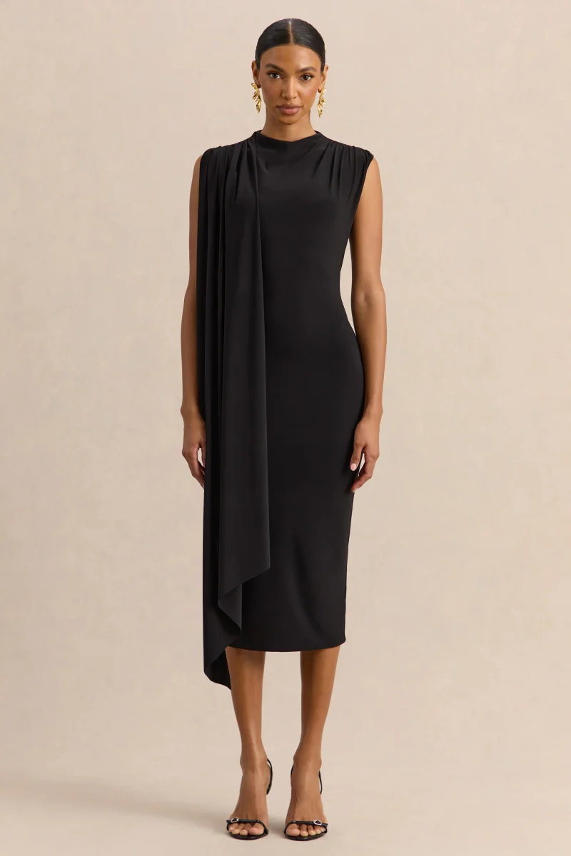 Oleandra | Vestido Midi Negro De Jersey Premium Con Cuello Alto Y Detalle Drapeado - Imagen 6