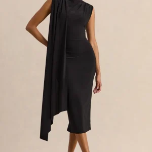 Oleandra | Vestido Midi Negro De Jersey Premium Con Cuello Alto Y Detalle Drapeado