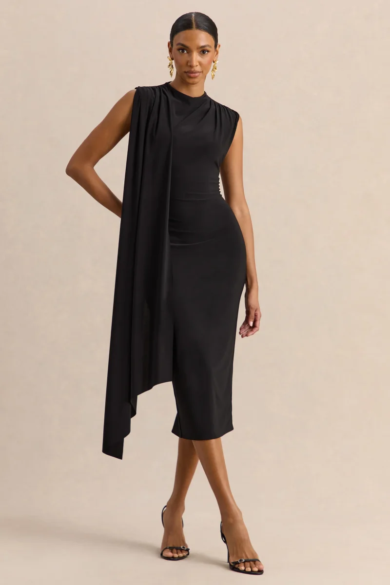 Oleandra | Vestido Midi Negro De Jersey Premium Con Cuello Alto Y Detalle Drapeado