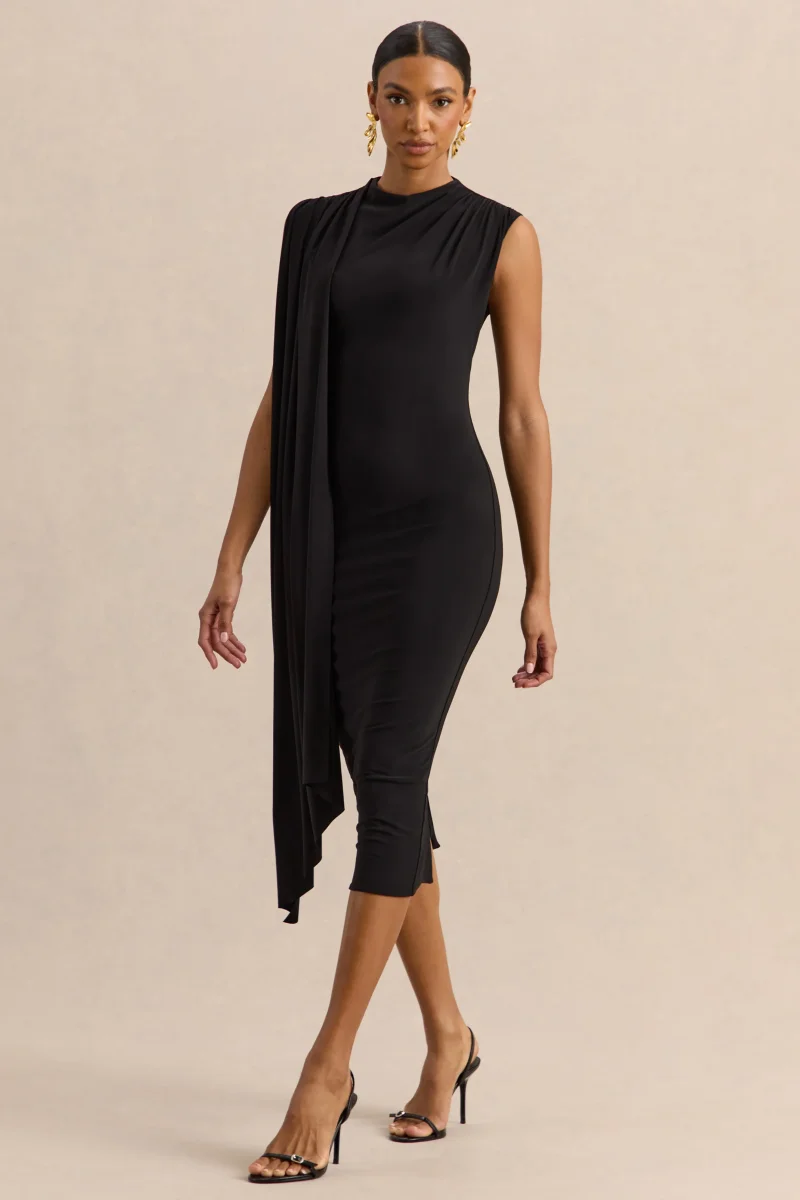 Oleandra | Vestido Midi Negro De Jersey Premium Con Cuello Alto Y Detalle Drapeado - Imagen 5