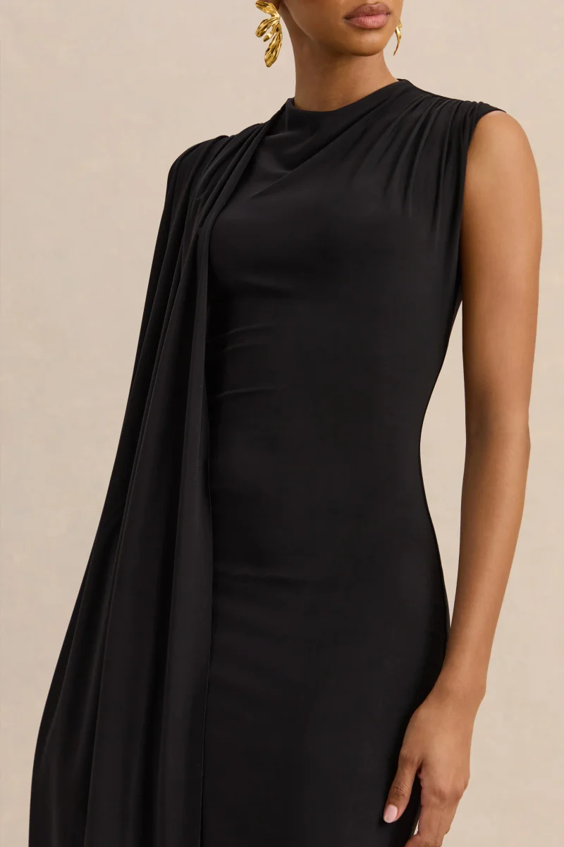 Oleandra | Vestido Midi Negro De Jersey Premium Con Cuello Alto Y Detalle Drapeado - Imagen 7