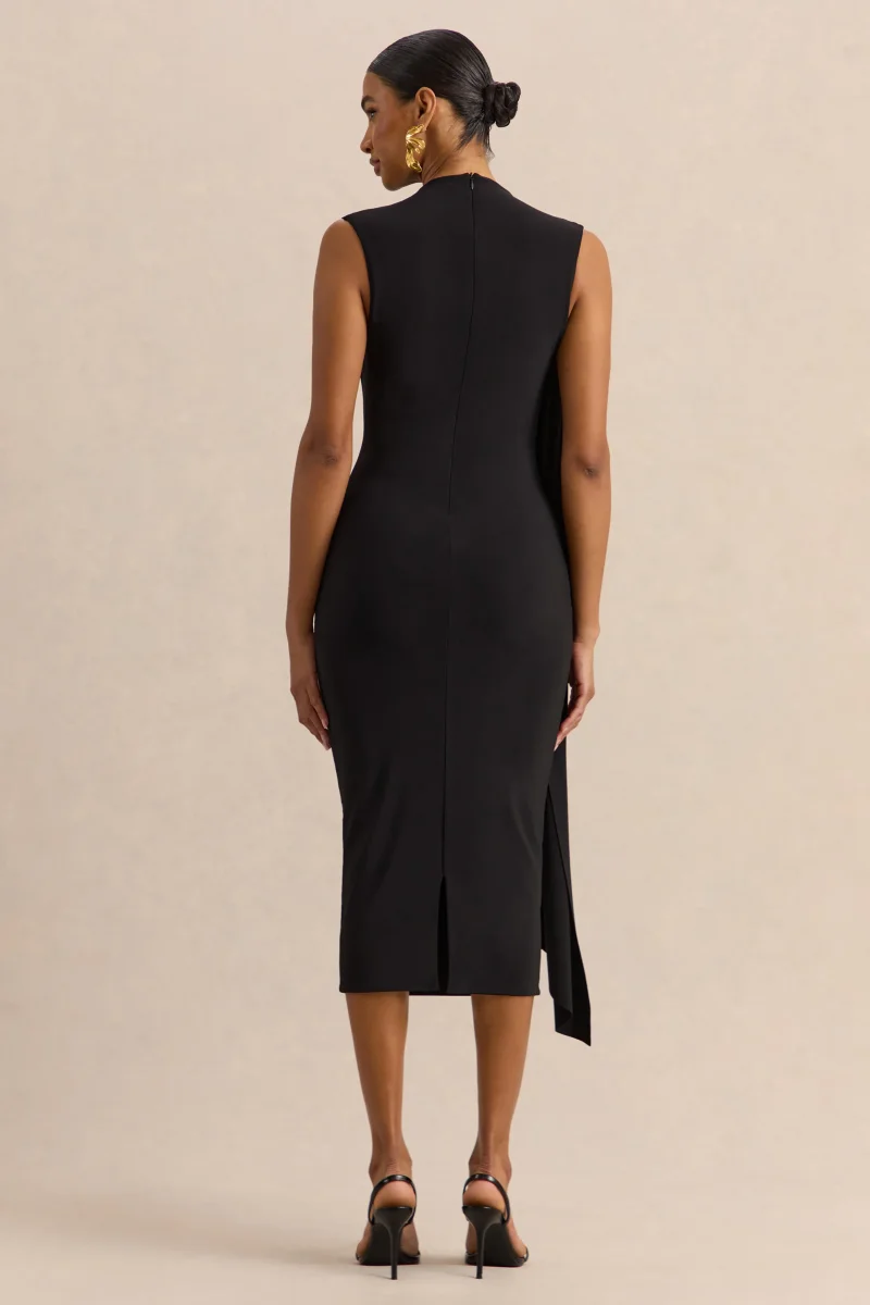 Oleandra | Vestido Midi Negro De Jersey Premium Con Cuello Alto Y Detalle Drapeado - Imagen 3
