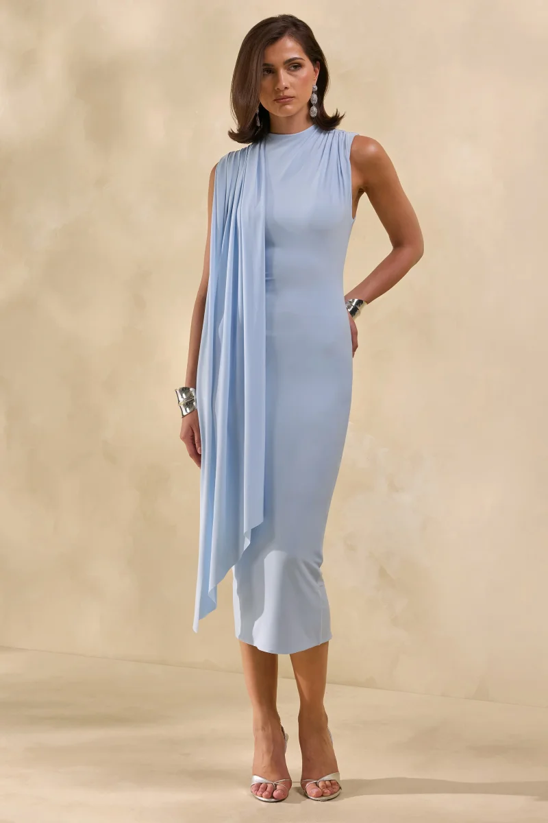 Oleandra | Vestido Midi Azul claro de Cuello Alto con Detalle Drapeado - Imagen 4