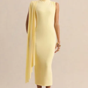 Oleandra | Vestido Midi Limón de Cuello Alto con Detalle Drapeado