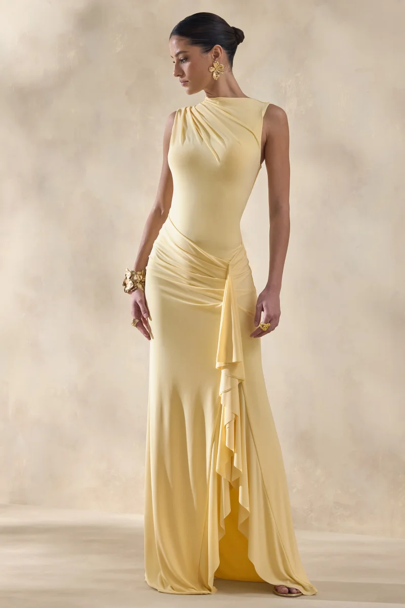 Helessia | Limón Escote Asimétrico Vestido Largo con Detalle Fruncido y Sash - Imagen 4