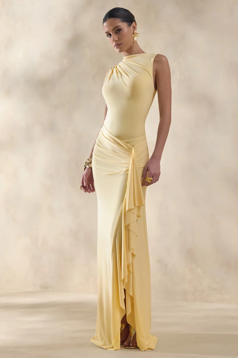 Helessia | Limón Escote Asimétrico Vestido Largo con Detalle Fruncido y Sash - Imagen 7