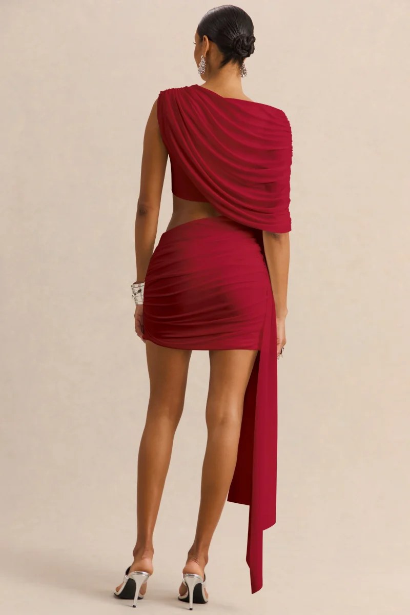 Danellia | Vestido Corto Rojo De Cuello Redondo Con Detalle Cut-Out Y Faja - Imagen 6