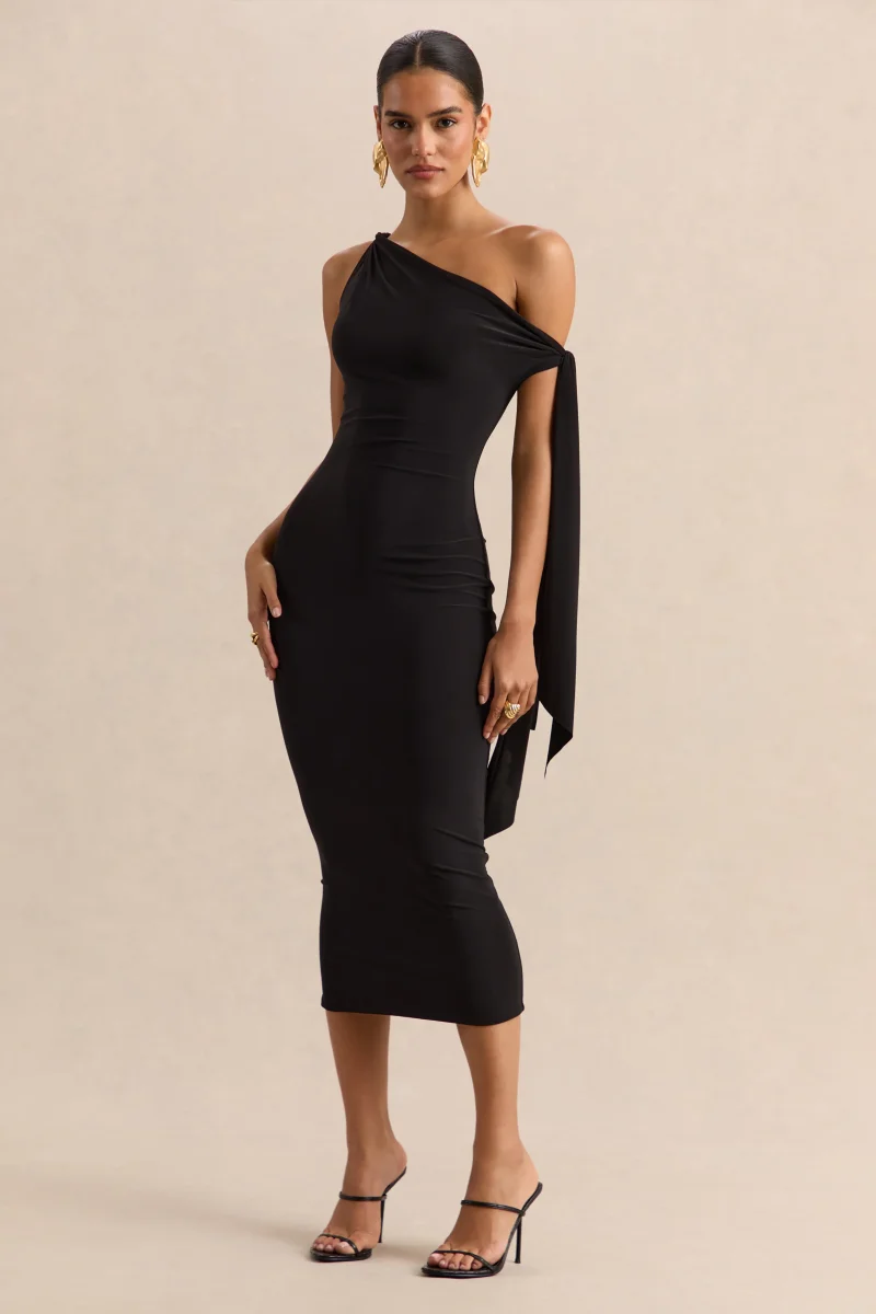 Arcelia | Negro Escote Asimétrico Vestido Midi con Detalle de Nudo en Manga - Imagen 5