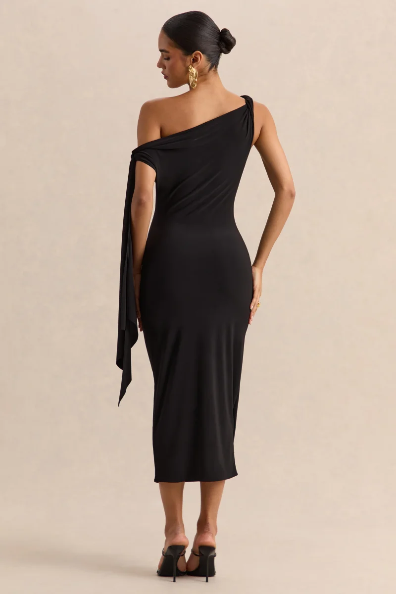 Arcelia | Negro Escote Asimétrico Vestido Midi con Detalle de Nudo en Manga - Imagen 3