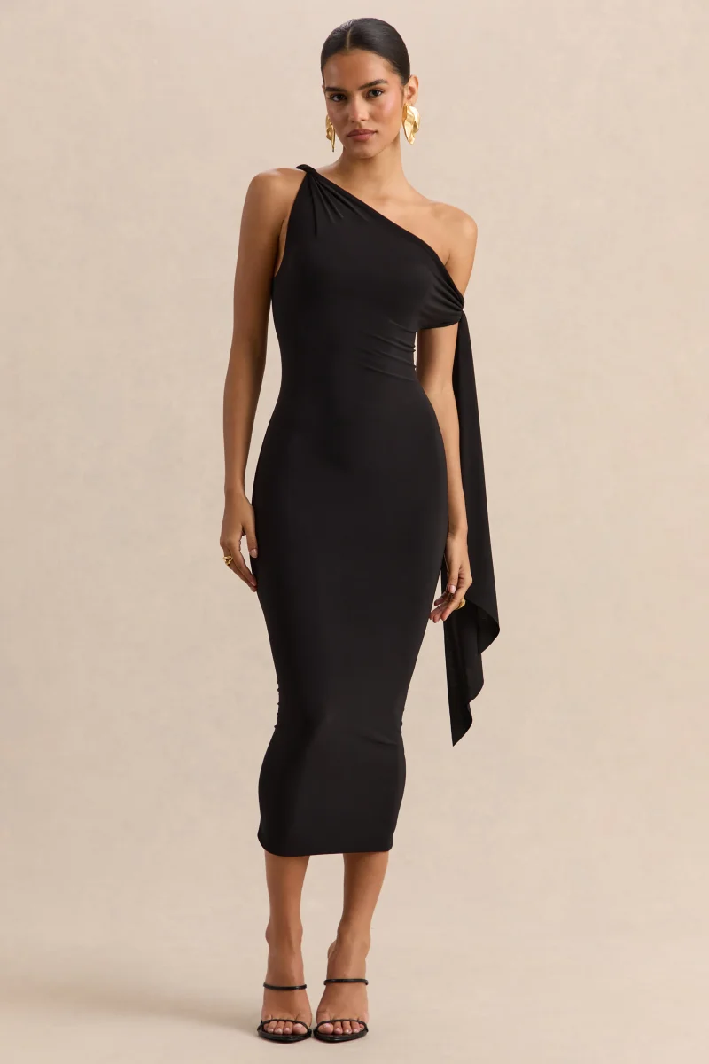 Arcelia | Negro Escote Asimétrico Vestido Midi con Detalle de Nudo en Manga - Imagen 6