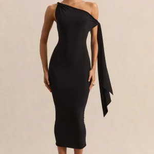 Arcelia | Negro Escote Asimétrico Vestido Midi con Detalle de Nudo en Manga