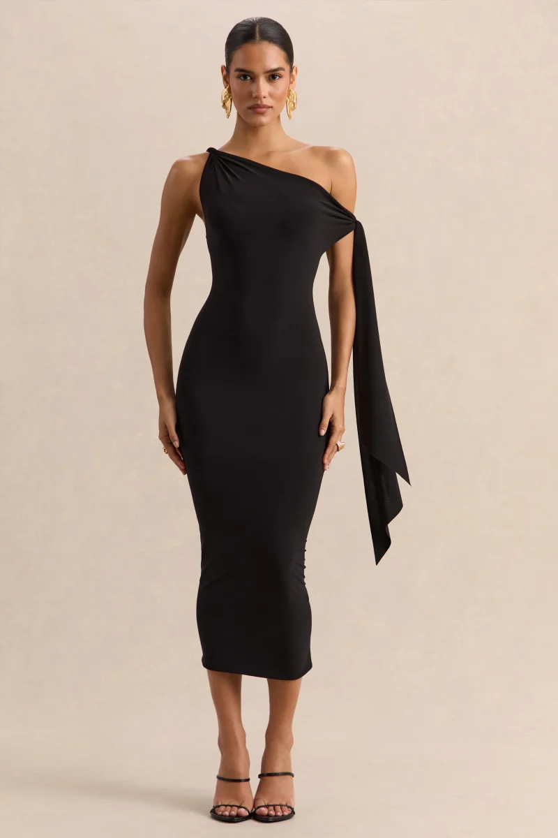 Arcelia | Negro Escote Asimétrico Vestido Midi con Detalle de Nudo en Manga