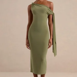 Arcelia | Vestido midi verde oliva con escote asimétrico y detalle de nudo