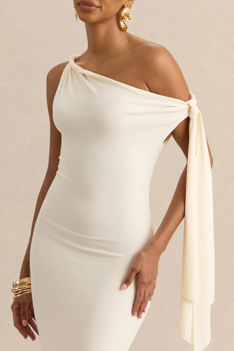 Arcelia | Crema Escote Asimétrico Vestido Midi con Detalle de Nudo en Manga - Imagen 6