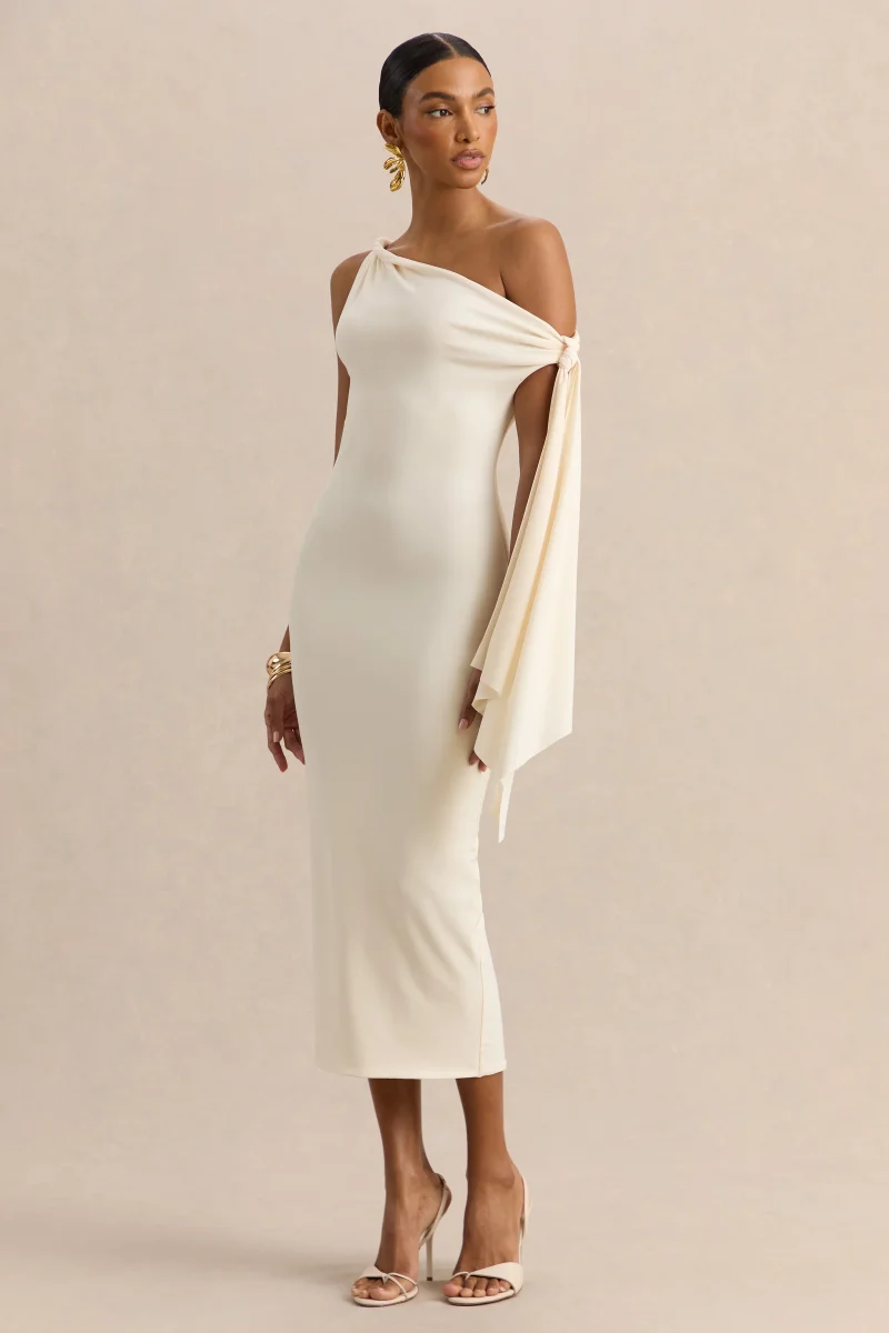 Arcelia | Crema Escote Asimétrico Vestido Midi con Detalle de Nudo en Manga