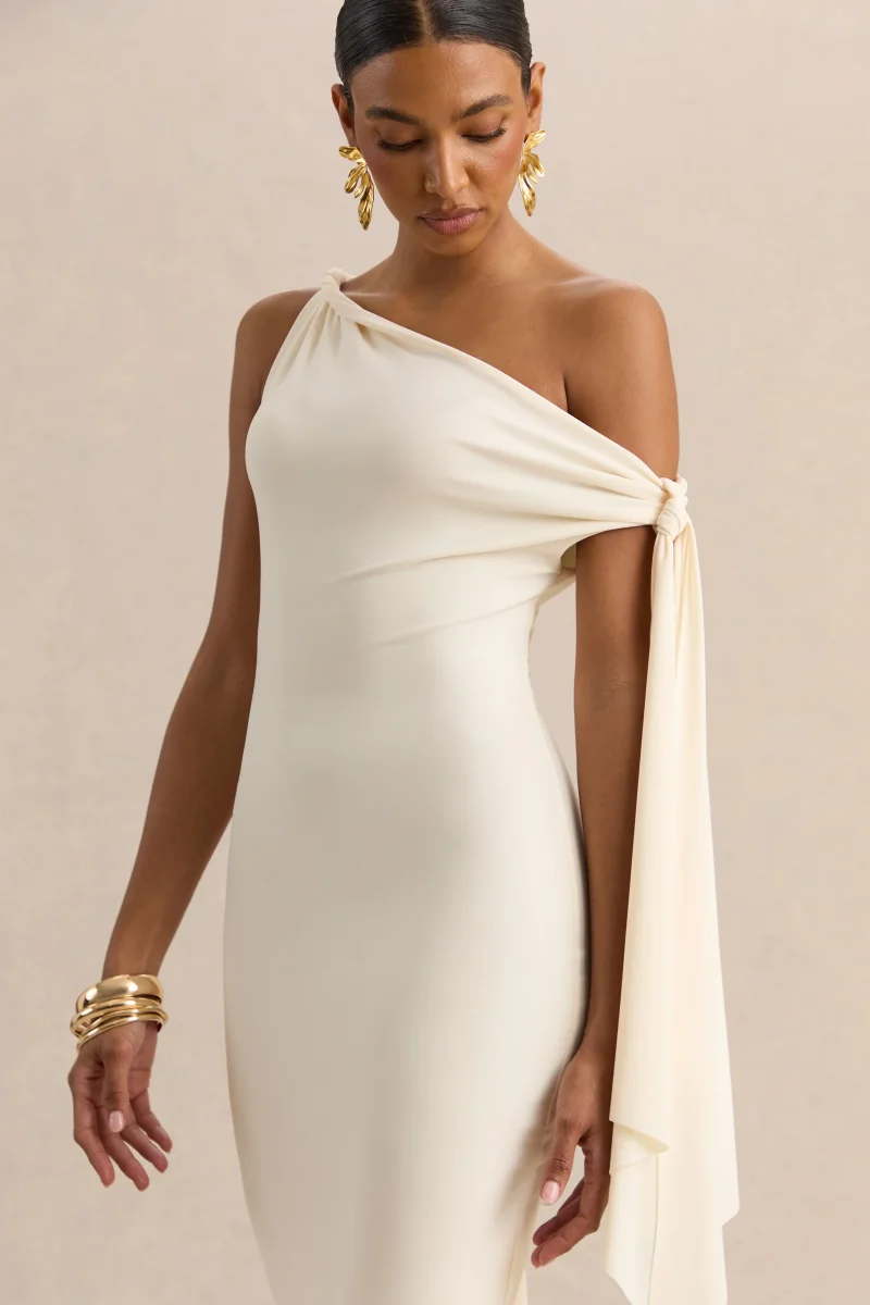 Arcelia | Crema Escote Asimétrico Vestido Midi con Detalle de Nudo en Manga - Imagen 4