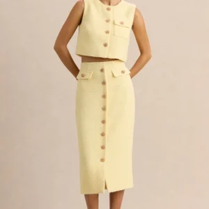 Glyra | Falda midi sastre color limón con detalle de botones