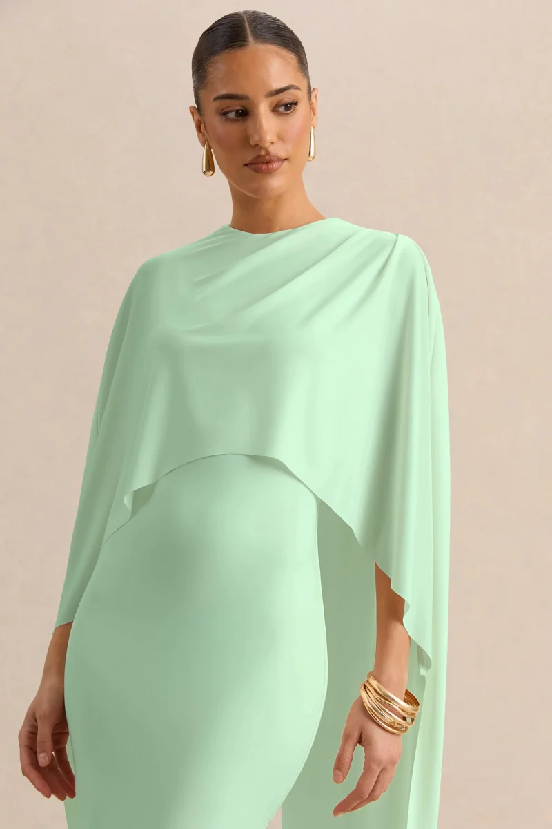 Luxalyn | Vestido Midi Verde de Cuello Redondo con Detalle de Capa - Imagen 4