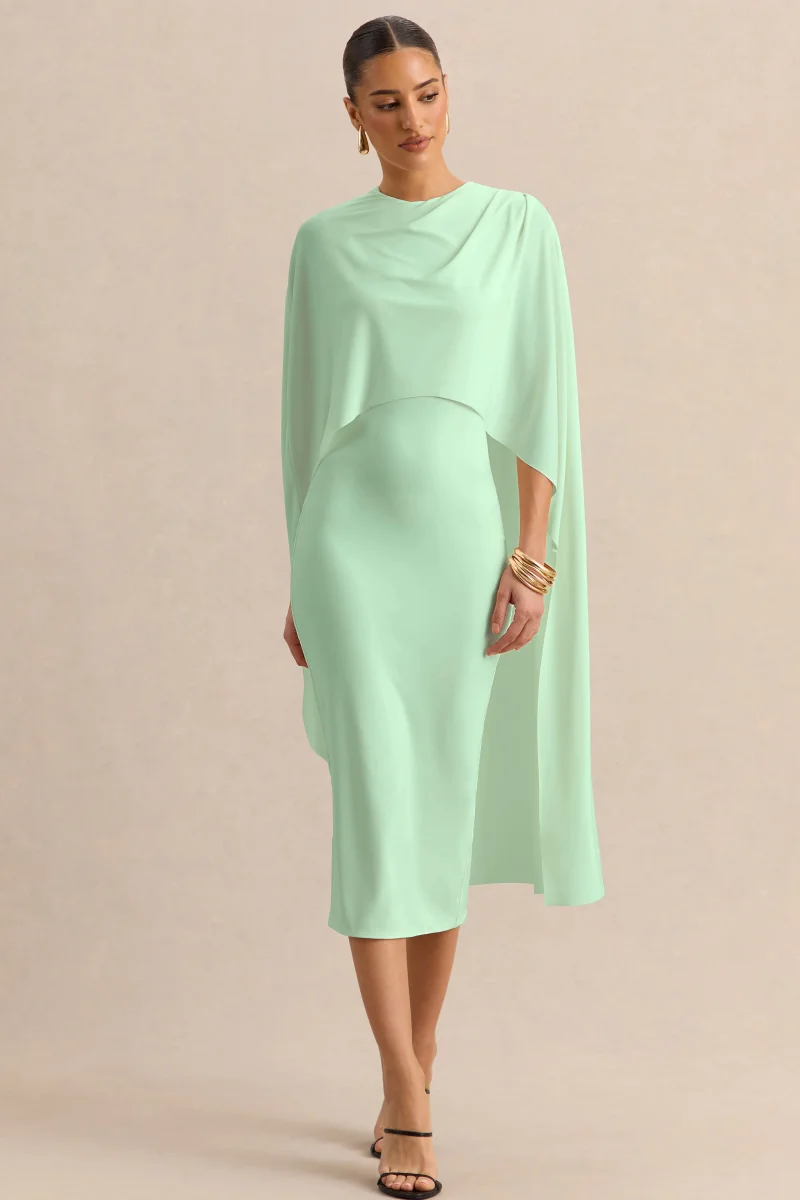Luxalyn | Vestido Midi Verde de Cuello Redondo con Detalle de Capa - Imagen 2
