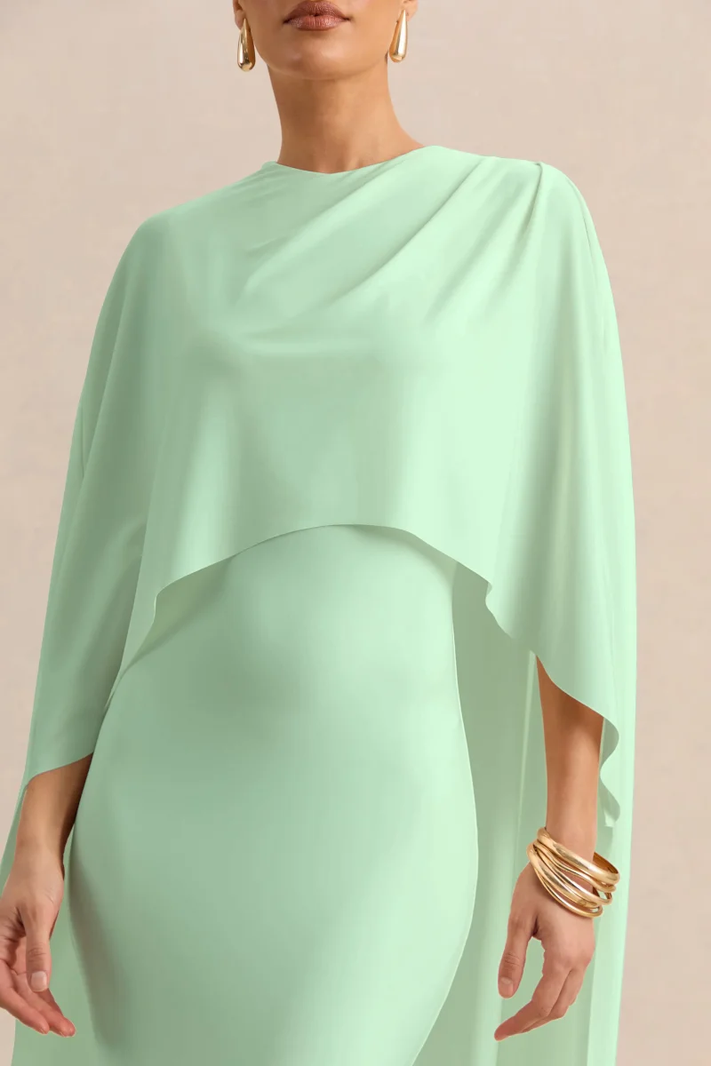 Luxalyn | Vestido Midi Verde de Cuello Redondo con Detalle de Capa - Imagen 7