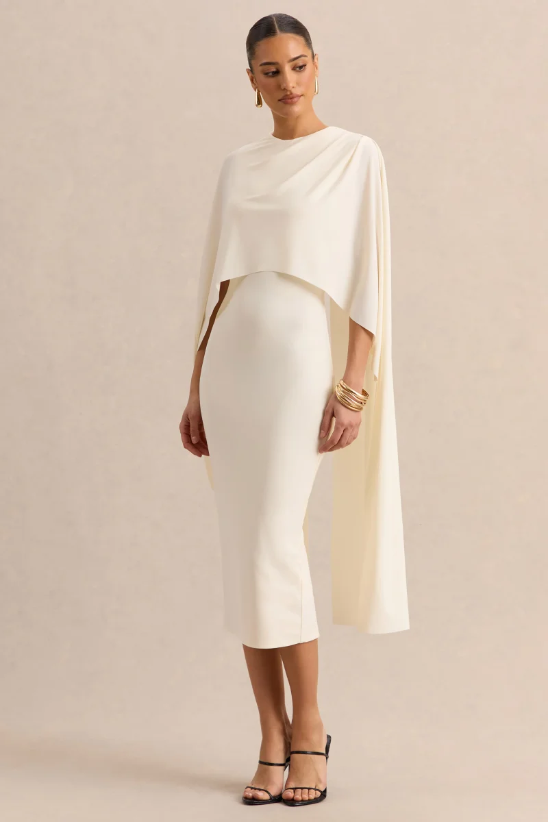 Luxalyn | Vestido Midi Crema de Cuello Redondo con Detalle de Capa - Imagen 7