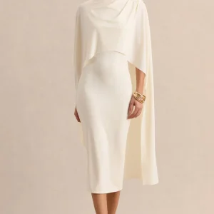 Luxalyn | Vestido Midi Crema de Cuello Redondo con Detalle de Capa