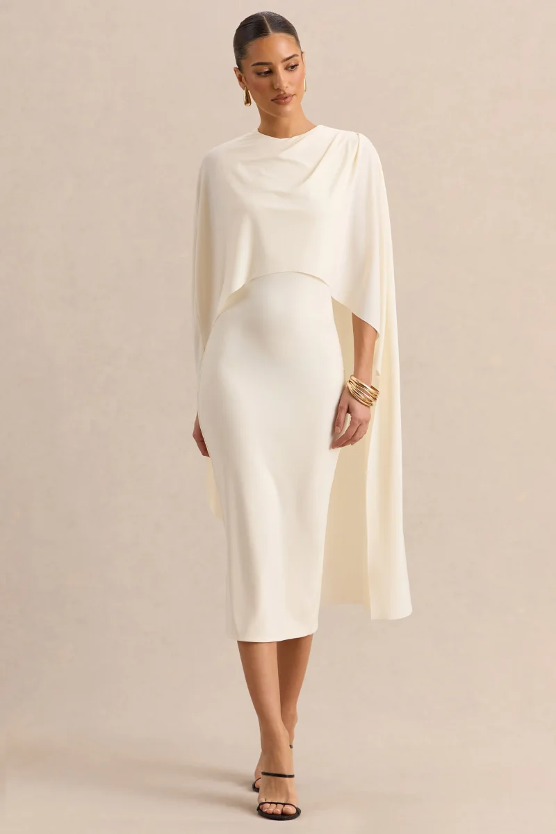 Luxalyn | Vestido Midi Crema de Cuello Redondo con Detalle de Capa